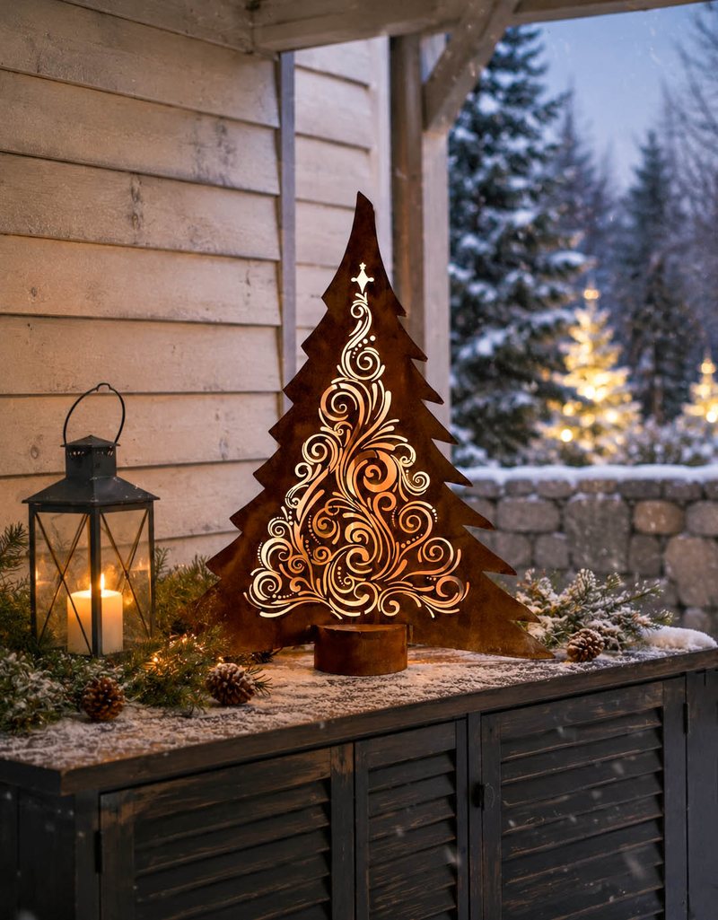 LED-Weihnachtsbaum 80 cm beleuchtet auf einer winterlichen Terrasse