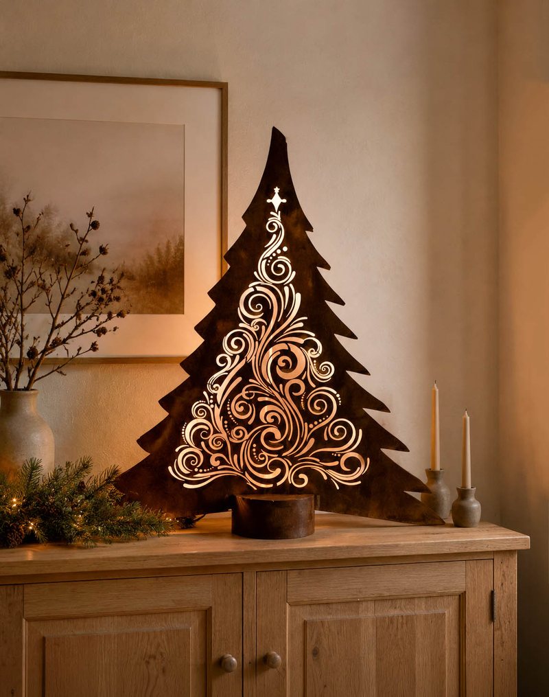 LED-Weihnachtsbaum 80 cm auf einer Kommode im Wohnraum