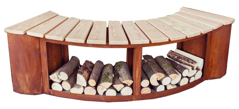 Gartenbank 170 cm aus Stahl mit Edelrost mit Brennholz im Fach unter der Sitzfläche