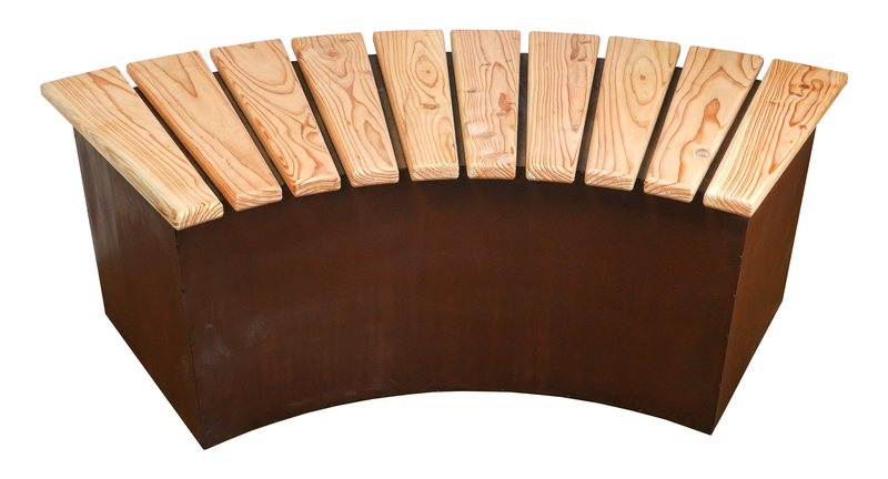 Geschwungene Gartenbank 125 cm aus Stahl mit Edelrost mit Sitzfläche aus Lärchenholz