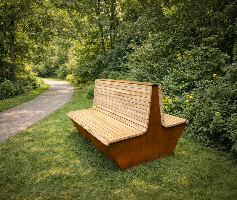 Doppelbank mit zwei Sitzseiten Rücken an Rücken auf einer Wiese am Waldweg