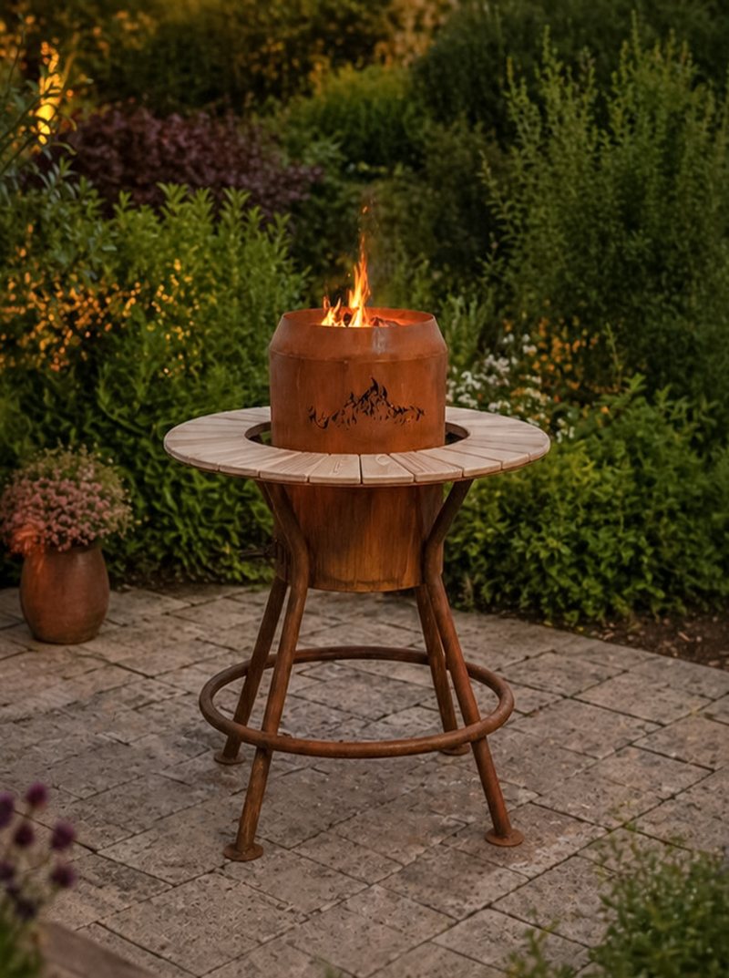 Feuerstelle Ø 120 cm im Betrieb auf einer Terrasse