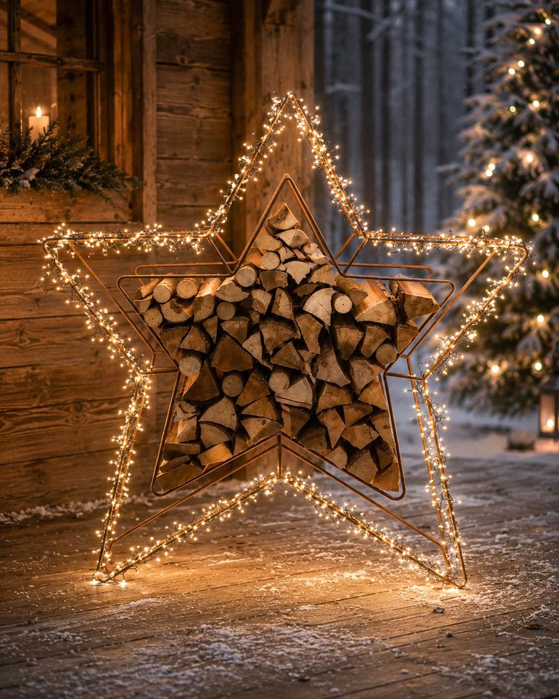 Doppelstern 132 cm mit Brennholz auf einer verschneiten Terrasse, mit Lichterkette geschmückt