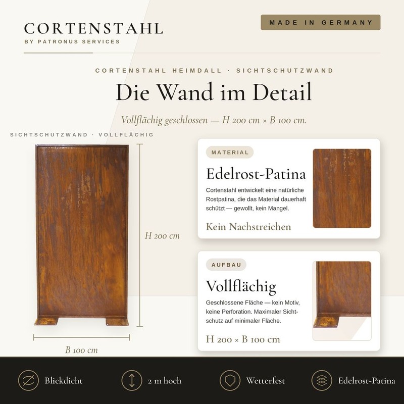 Die Wand im Detail – Maße H 200 × B 100 cm, Edelrost-Patina, vollflächig geschlossen