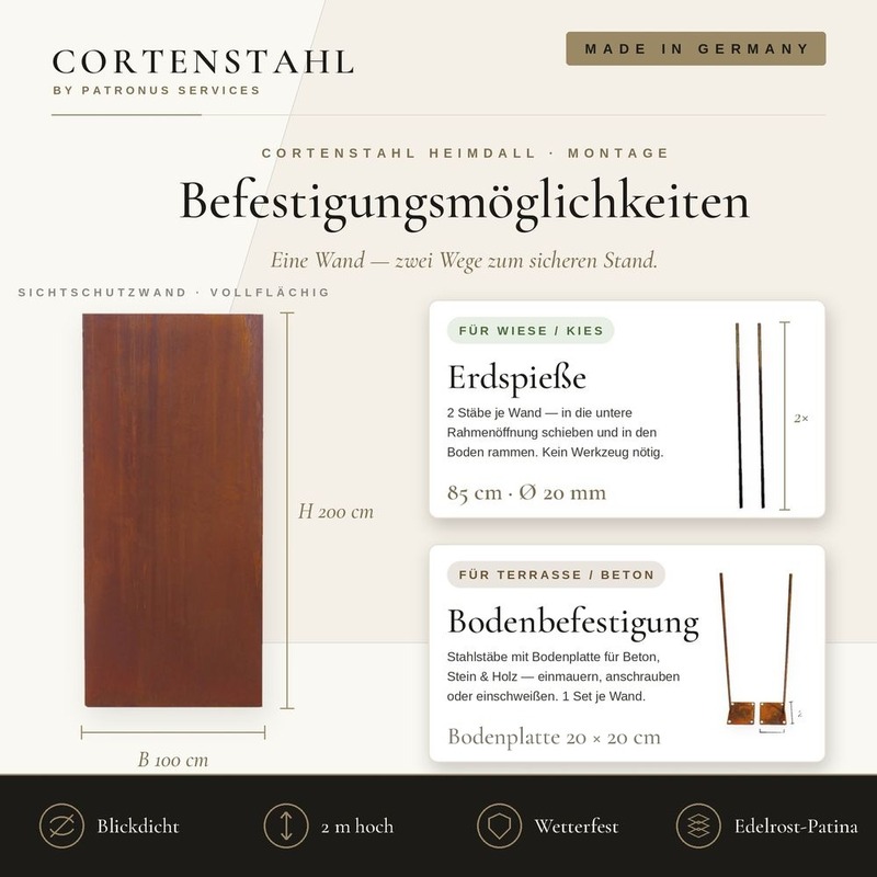 Befestigungsmöglichkeiten – Erdspieße 85 cm für Wiese und Kies, Bodenbefestigung mit Bodenplatte 20 × 20 cm für Terrasse und Beton