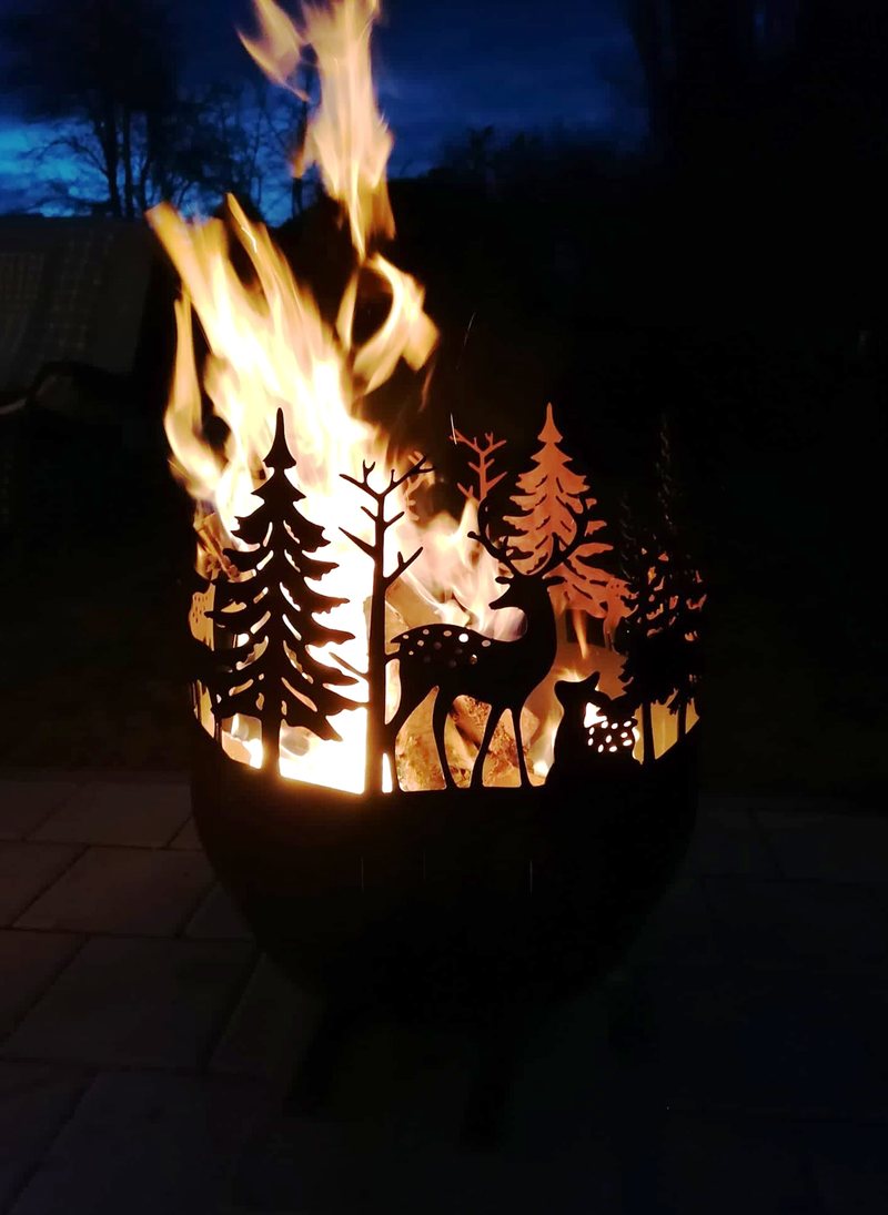 Hohe Flamme in der Feuerstelle bei Nacht