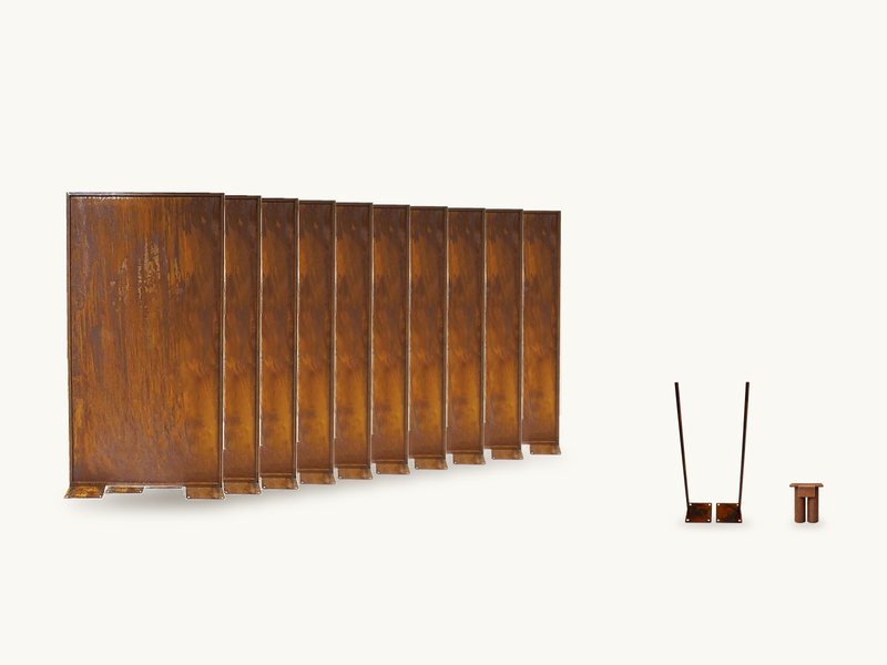 Komplett-Set L Terrasse aus Cortenstahl – 10 Sichtschutzwände 200 × 100 cm, 10 Bodenbefestigungen 20 × 20 cm, 9 Verbindungsstücke 45 mm