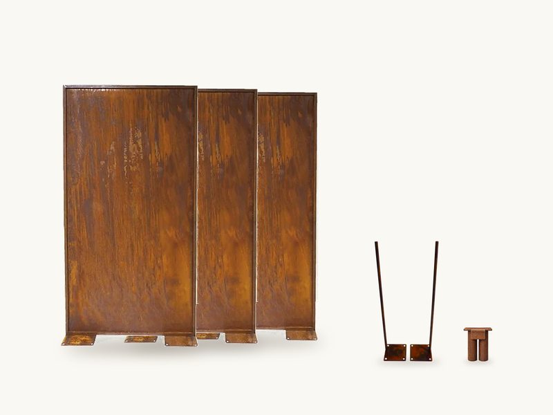Komplett-Set S Terrasse aus Cortenstahl – 3 Sichtschutzwände 200 × 100 cm, 3 Bodenbefestigungen 20 × 20 cm, 2 Verbindungsstücke 45 mm