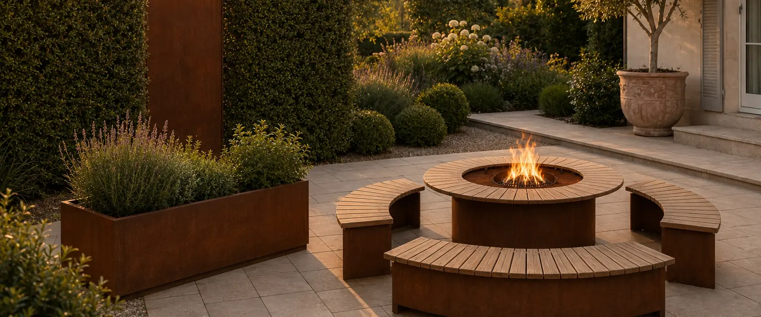 Abendlicher Garten: brennende Feuerstelle mit Rundbank, davor eine Pflanzeinfassung und eine Sichtschutzwand aus Cortenstahl